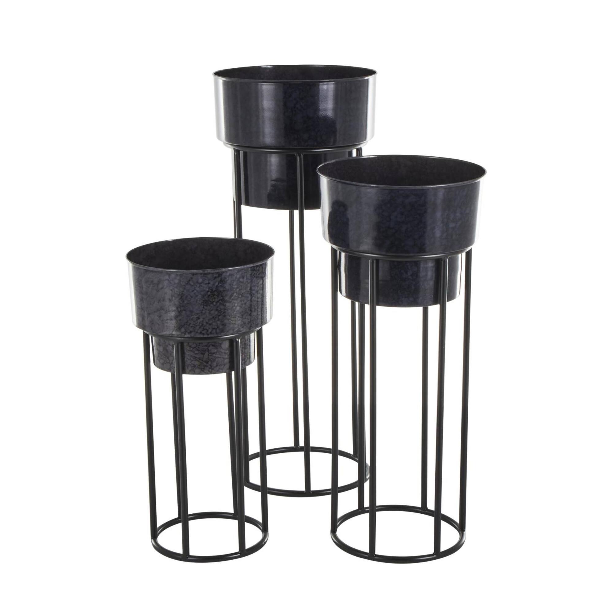 Black Metal Wash Textured Planter with Open Framed Black Caged Base Set